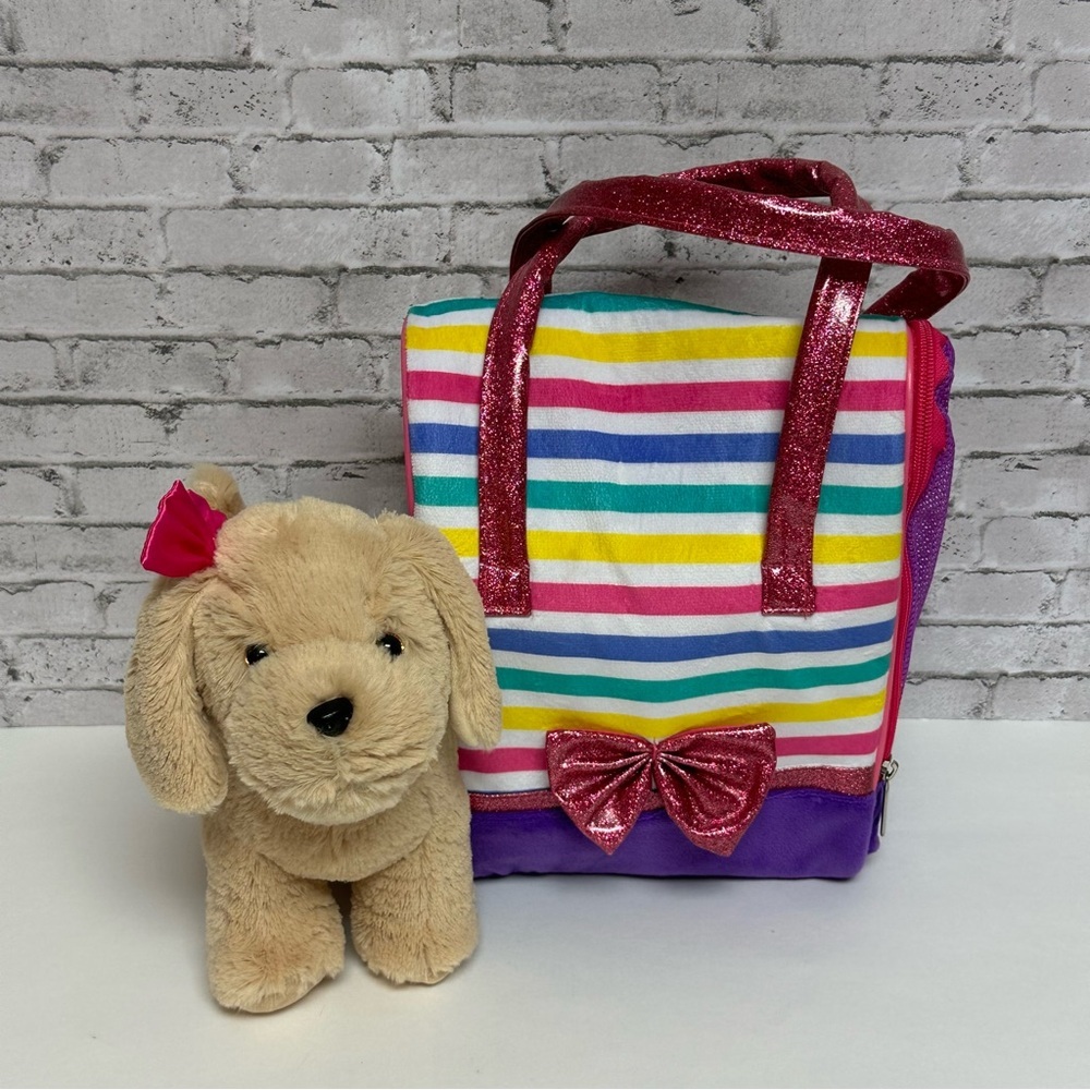 Stuffed Animal Tan Puppy Dog with Soft Carrier Striped Bow Plush Toy